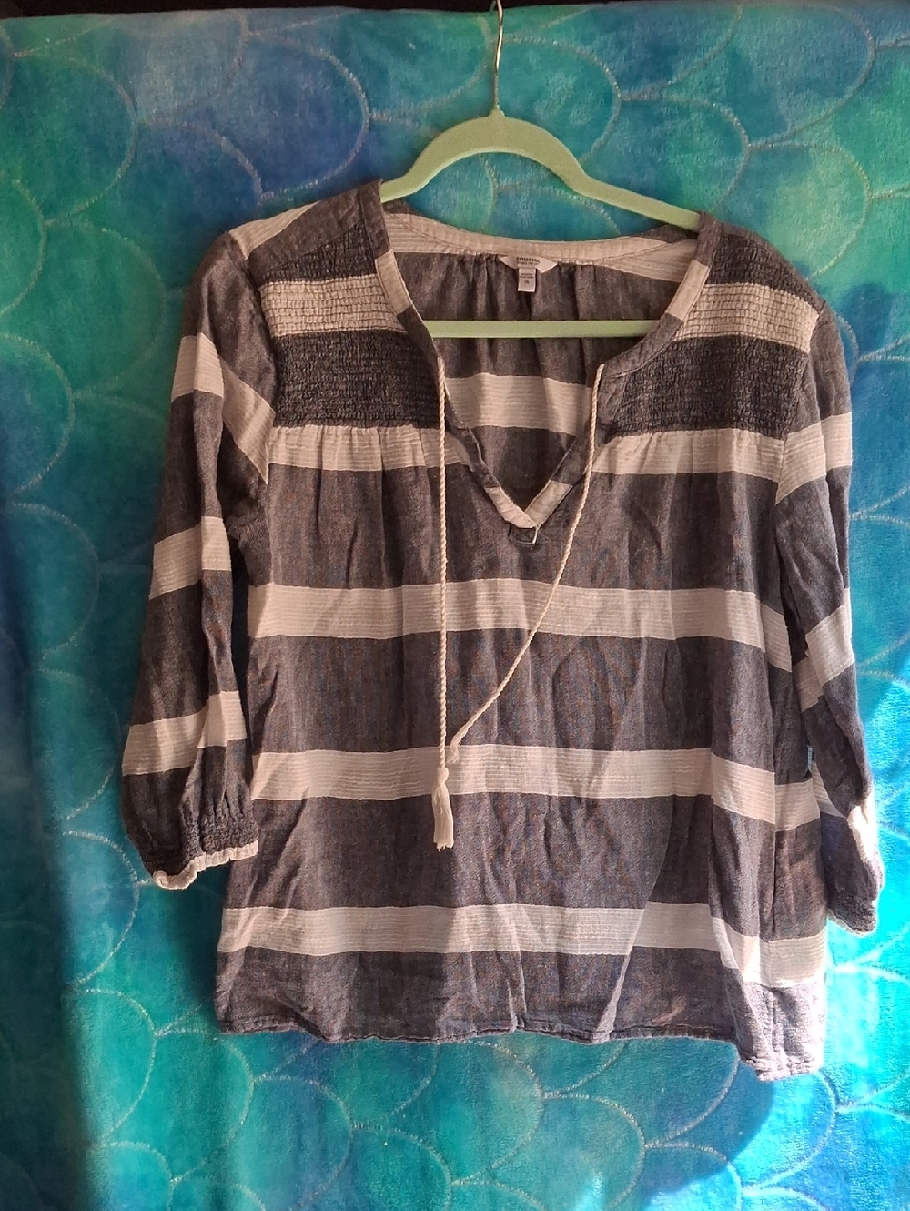Striped Peasant Blouse - Navy and White